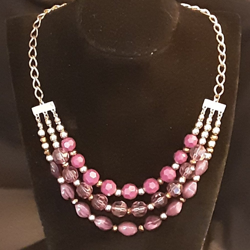 Purple Multi-Strand Beaded Statement Necklace - image 4